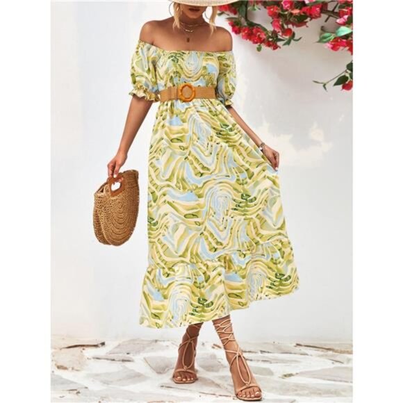 Smocked Printed Puff Sleeve Midi Dress - Picture 1 of 6